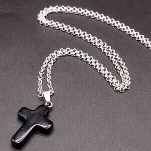 925 Silver Necklace W/ Cross Black Jet Stone Vtg Boho Valentine Birthday Gift